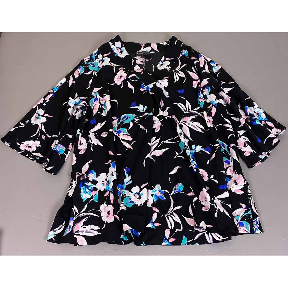 Lane Bryant Blouse Tunic Top Women's Size 18/20 Black Floral V-Neck Bell Sleeve